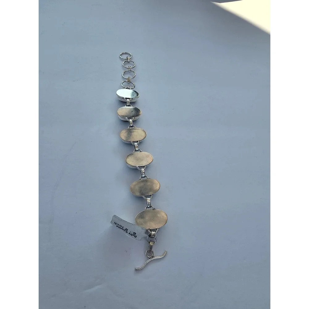 Ruby Kyanite Sterling Silver Oval Cabochon Link Bracelet 6-8 Inch Adjustable
